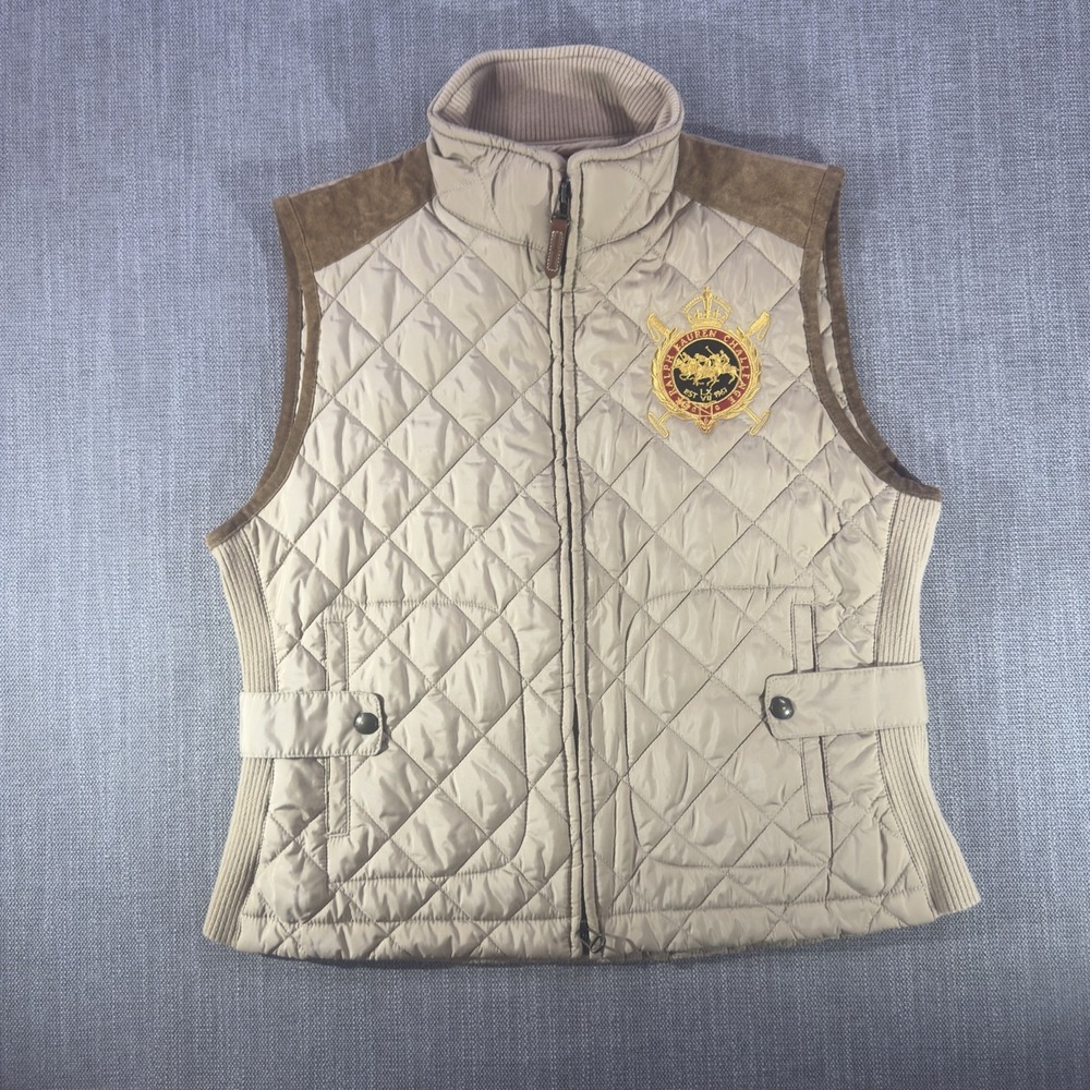 Ralph Lauren Sport Vest Womens XL Beige Quilted Full Zip Crest Outdoor Polo